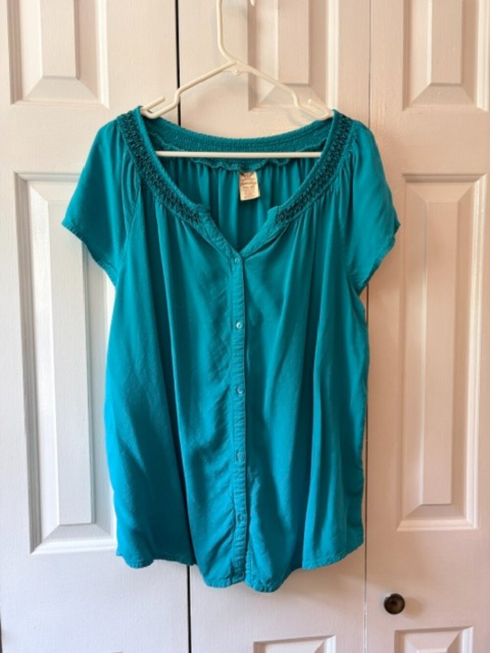 Faded Glory Deep Aqua Rayon Smocked Button Front Blouse XXL 20